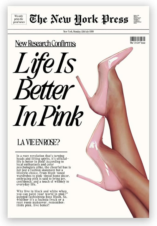 Balsuka Trendy Baby Pink Hot Girl Poster Life Is Better In Pink Newspaper Wall Art Retro High Heel Picture 70s News Headline Canvas Prints Aesthetic Decor for Girly Bedroom Dorm 24x36inch Unframed