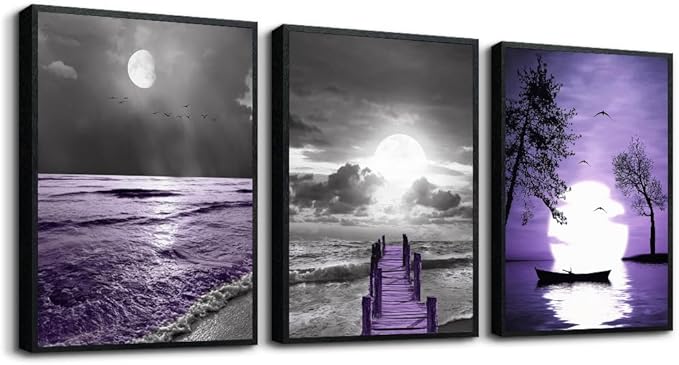 Black Framed Wall Decorations For Living Room Wall Art For Bedroom Modern Office Wall Decor Black And White Painting Ocean Purple Landscape Pictures Home Decor Artwork of 3 Piece Framed Art Prints