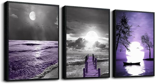 Black Framed Wall Decorations For Living Room Wall Art For Bedroom Modern Office Wall Decor Black And White Painting Ocean Purple Landscape Pictures Home Decor Artwork of 3 Piece Framed Art Prints