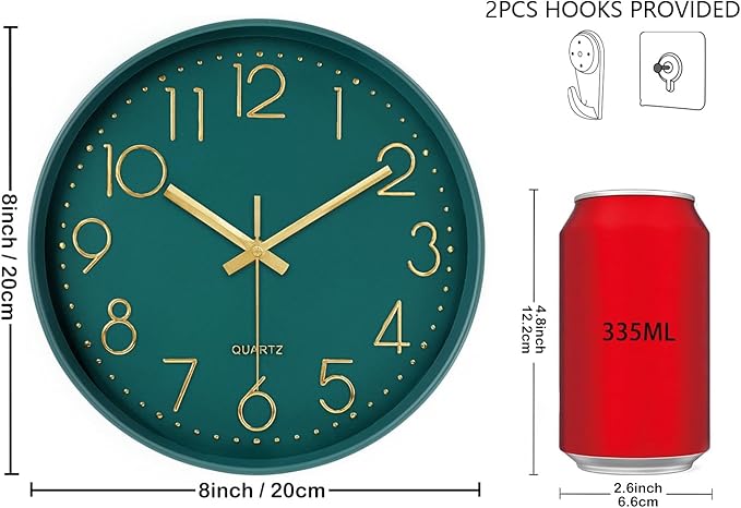 Silent Wall Clocks Battery Operated 8 Inch, Analog Wall Clock with Large Number Tempered Glass Clock Face, Dark Green Quartz Non Ticking Wall Clocks for Living Room Bedroom Kitchen Office