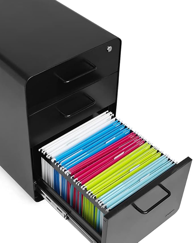 Poppin Stow 3-Drawer Rolling File Cabinet - Black. 2 Utility Drawers and 1 Hanging File Drawer. Two Locking and Two Non-Locking Wheels. Powder-Coated Steel. Two Keys Included