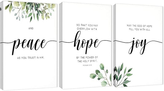 3 Piece Inspirational Wall Art, White Plants Background Picture, Quotes Peace Hope Joy Canvas Print for Home Decor, Triptych Motivational Poster Framed Artwork for Classroom Wall Decor (36" Wx24 H)