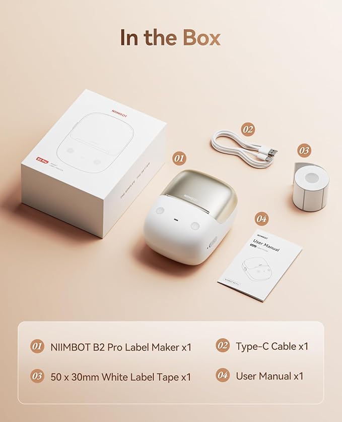 NIIMBOT B2 Pro Bluetooth Label Maker, 300DPI HD Thermal Sticker Printer, Portable Thermal Label Printer with 1 Roll, Supports Red & Black Printing, for Home Office Organization & Small Business, Gold