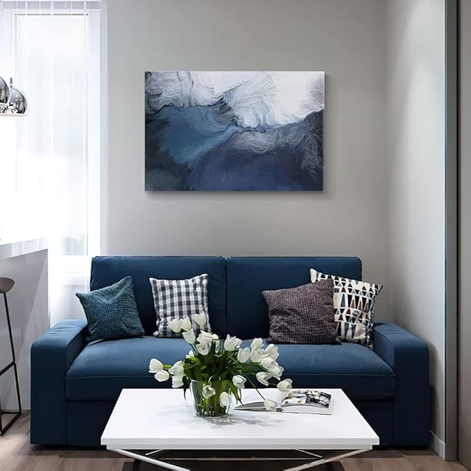 Canvas Wall Art Abstract Art Paintings Navy Blue Block and Line Graffiti is Like Running Water on White Background Modern Artwork Decor for Living Room Bedroom Kitchen 30x20in