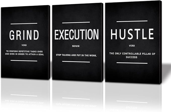 BWSPACE Grind Hustle Execution Wall Art Motivational Wall Decor Office Wall Decor Pictures Posters 3 Pieces Framed Canvas Wall Prints Artwork Home Gym Ready to Hang (GRIND, 72" L x 36" W)