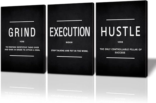 BWSPACE Grind Hustle Execution Wall Art Motivational Wall Decor Office Wall Decor Pictures Posters 3 Pieces Framed Canvas Wall Prints Artwork Home Gym Ready to Hang (GRIND, 72" L x 36" W)