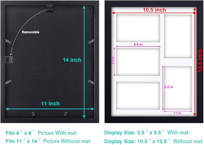 RPJC 11x14 Picture Frames Collage - Display 5 Pcs 4x6 inch Photos with Mat Made of Solid Wood and Glass Cover