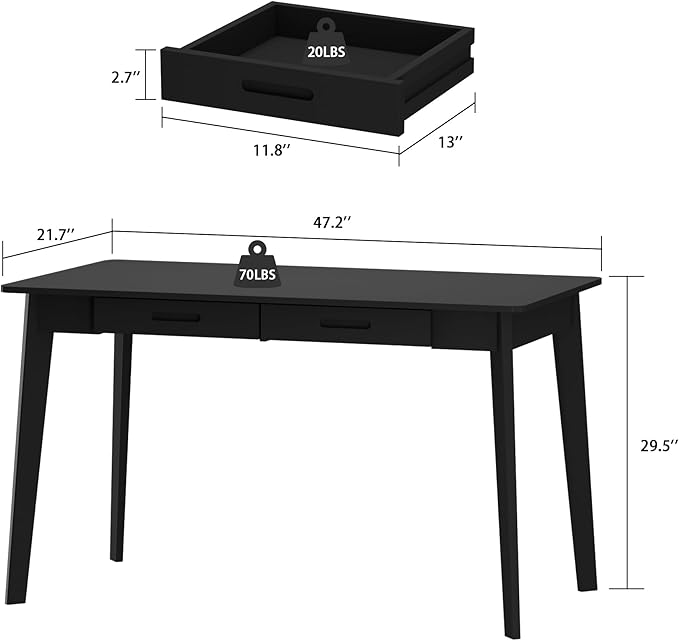 Home Office Computer Desk Coner Desk with 2 Drawers, Study Writing Table for Home Office, Study, Black (47.2 ”W x 23.6”D x 29.1”H)