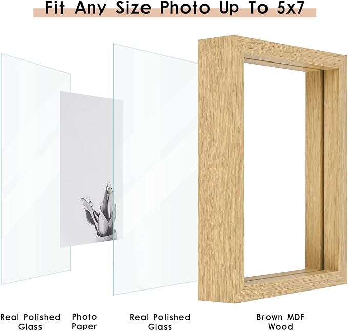 MUYE 5x7 Floating Frame Set of 2,Double Glass Rustic Photo Frame for Wall Hanging or Tabletop Standing,Also Display 4x6 or 3x5 Photo for Floating Effect,Natural