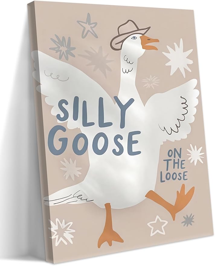 MJONG Funny Nursery Wall Art, Cowboy Silly Goose on the Loose Canvas Prints, Cute Farm Animal Country Wall Decor for Kids Bedroom or Playroom, Rustic Farmhouse Artwork – 12x16in