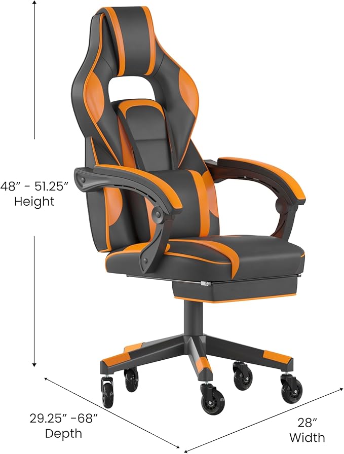 Flash Furniture X40 Gaming Chair Racing Computer Chair with Fully Reclining Back/Arms and Transparent Roller Wheels, Slide-Out Footrest, - Black/Orange