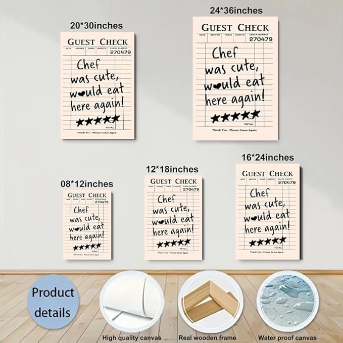Restaurant Kitchen Framed Poster, Funny Chef Review Mockup (Would Eat Here Again) - Beige Background with Black Text - Wrapped Canvas for Dining Room, Vintage Cafe Decoration