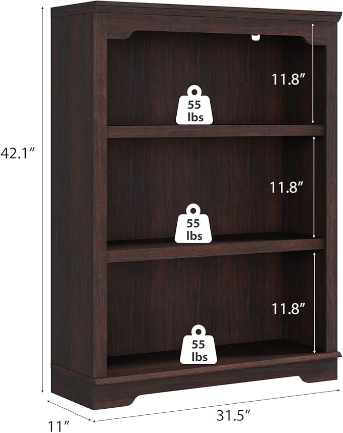 HIFYOBRO 3 Tier Bookshelf, 31.5" Wide Wooden Book Shelf, 42" Tall Bookcase, Freestanding Open Display Storage Bookshelves for Study Room, Home Office, Living Room(Cherry)