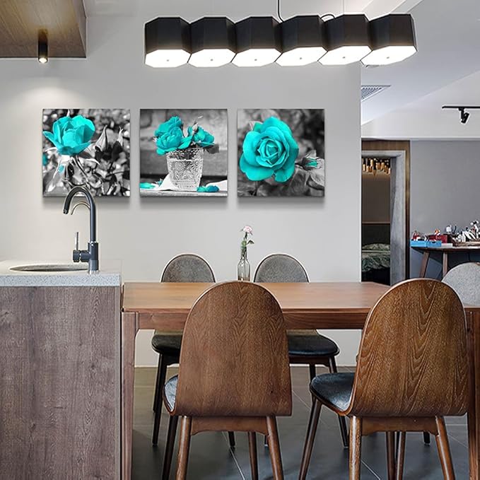 Canvas Wall Art For Bedroom Wall Decor For Living Room Black And White Wall Paintings Blue Rose Flowers Pictures Watercolor Giclee Canvas Prints Ready To Hang Room For Girls Home Decoration 3 Piece