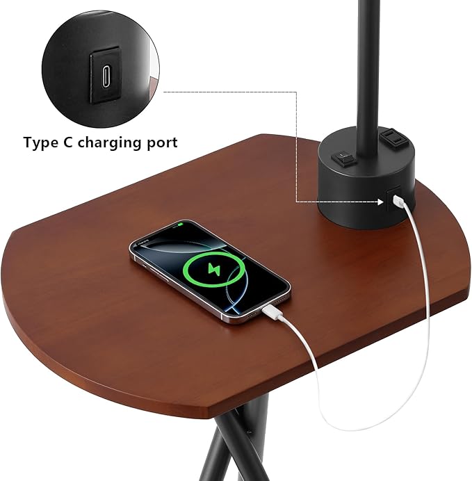 Floor Lamp with Oval Side Table, 3 Color Temperature 9W LED Bulb, Remote and Foot Switch Control, USB A and C Ports, Dual AC Outlets, 1-Hour Timer, Modern Lamp for Living, Bedroom, Black