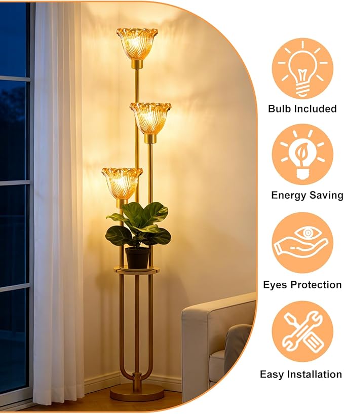 Lightdot Glass Floor Lamp for Living Room Gold with Amber Glass Shade & 3000K Bulbs Included 3-Lights Modern Tall Standing Lamp for Bedroom/Sofa Beside/Corner Decor