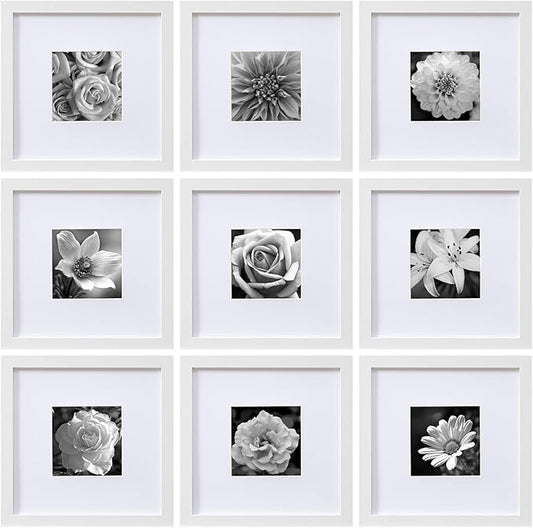 eletecpro 10x10 Picture Frames Set of 9 with Mat for 5x5 Photos or without Mat for 10x10, Square Gallery Wall Decor Collage for Picture Display, White Frame Set for Wall Hanging