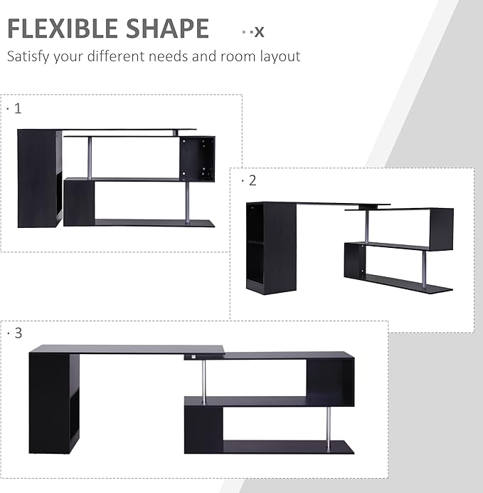 HOMCOM 55" 360° Rotating Corner Computer Desk Modern L-Shaped Home Office Workstation with 3-Tier Storage Shelves, Bookshelf, Black