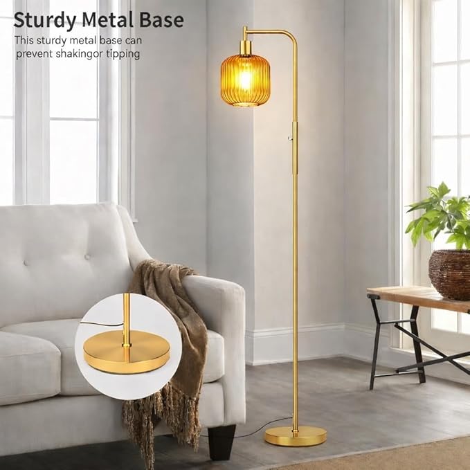 Glass Floor Lamp for Living Room, Dimmer Standing Lamp with Green Ribbed Lampshade,66” Tall Lamp & Gold Floor Lamp for Bedroom Study Room,Brushed Gold (Drum Amber Glass Shade)