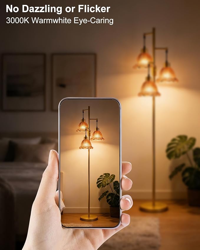 Glass Floor Lamps for Living Room, 3-Light Gold Dimmable Floor Lamp with Rose Red Glass Shade& Bulbs Included, Mid Century Standing Tall Lamp for Bedroom/Sofa Beside/Corner Decor