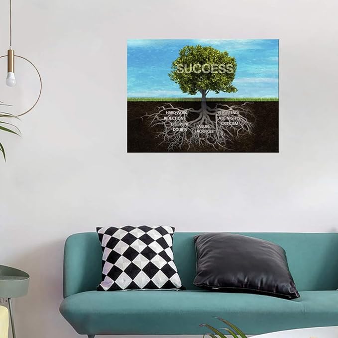 Framed Motivational Canvas Wall Art Success Tree Roots Inspirational Posters Office Quotes Wall Decor Entrepreneur Posters Ready to Hang for Home Office Decor - 24''Hx36''W