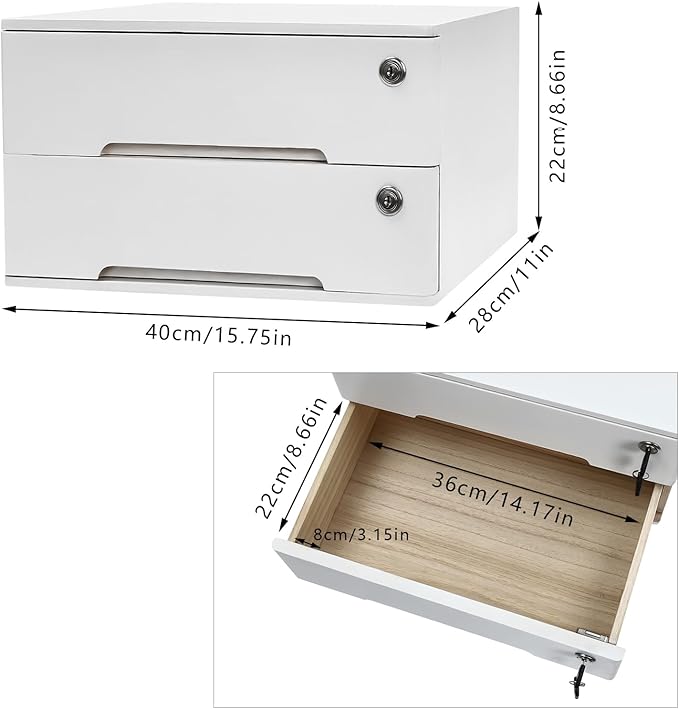 Wooden Desktop Organizer, 2 Drawers Tabletop Storage Box with Lock,Office Supplies A4 File Organizer,White