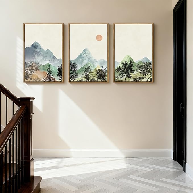 ANHUIB Mountain Wall Art 16x24 Inch Watercolor Landscape Wall Decor Sun Forest Painting Minimalist Pine Tree Artprint Nature Illustration Set of 3 for Living Room Dining Room Office