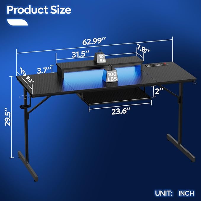 Bestier 63 Inch Gaming Desk with Power Outlets & LED Lights, Large Computer Desk with Monitor Stand & Keyboard Tray Home Office Table with Cup Holder & Headset Hook, Carbon Fiber Black