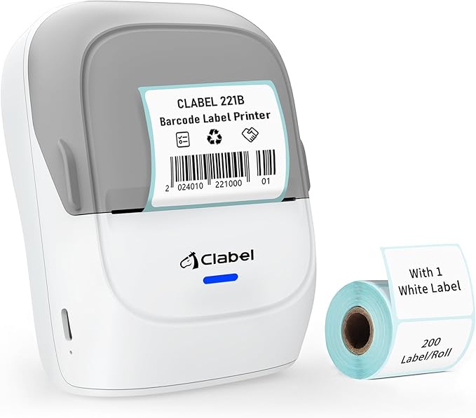CLABEL Thermal Label Maker Machine 221B Mini Portable Label Printer Thermal Labeling Printing Machine Sticker Bluetooth Label Printer Barcode Inkless Labelmaker for Price Logo Clothing (Gray White)