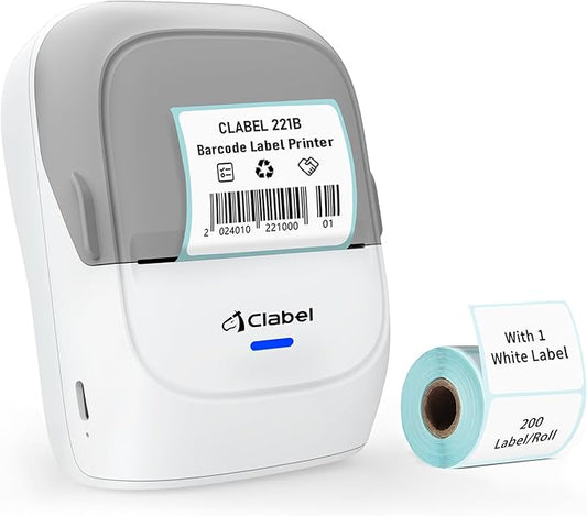 CLABEL Thermal Label Maker Machine 221B Mini Portable Label Printer Thermal Labeling Printing Machine Sticker Bluetooth Label Printer Barcode Inkless Labelmaker for Price Logo Clothing (Gray White)