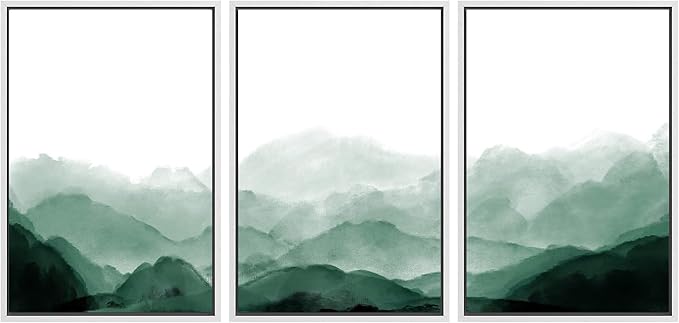 SIGNWIN Framed Canvas Print Wall Art Green Watercolor Mountains in Fog Nature Wilderness Illustrations Modern Art Rustic Scenic Relax/Calm Cool for Living Room, Bedroom, Office - 16"x24"x3 White
