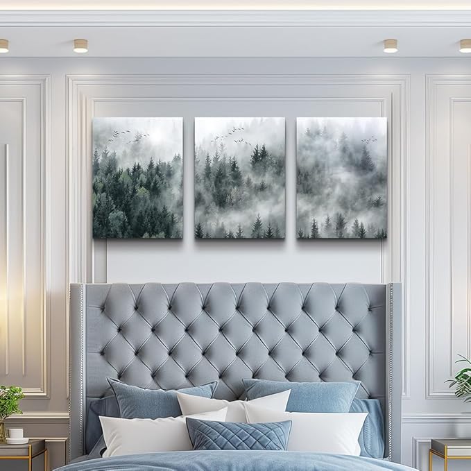 Canvas Wall Art For Living Room Modern Wall Decorations For Bedroom Foggy Forest Trees Landscape Wall Painting Office Wall Decor Canvas Prints Home Decor Ready To Hang Wall Pictures 16"X24"X3 Panels