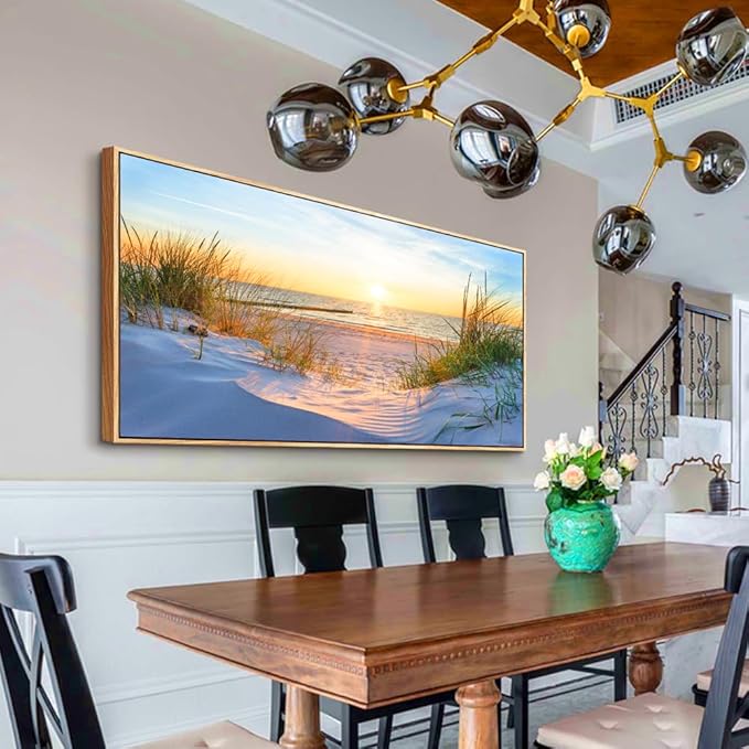 MHARTK66 Sunset Beach Wall Art for Living Room Golden Sunlight Sea Grass Dune Blue Ocean Seascape Picture HD Print On Canvas for Bedroom Office Home Decoration Framed Artwork Ready to Hang 30"x 60"