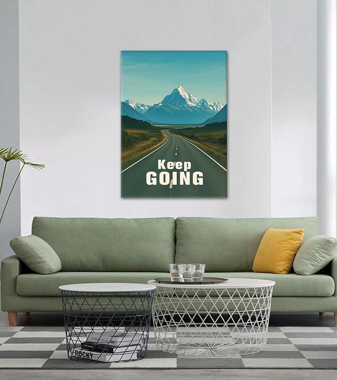 Keep Going Wall Art - Inspirational Canvas Print with Highway and Mountains, Encouraging Poster Inspirational Quote Wall Decor Modern Success Artwork for Office Home Gym, Framed 24"x36"