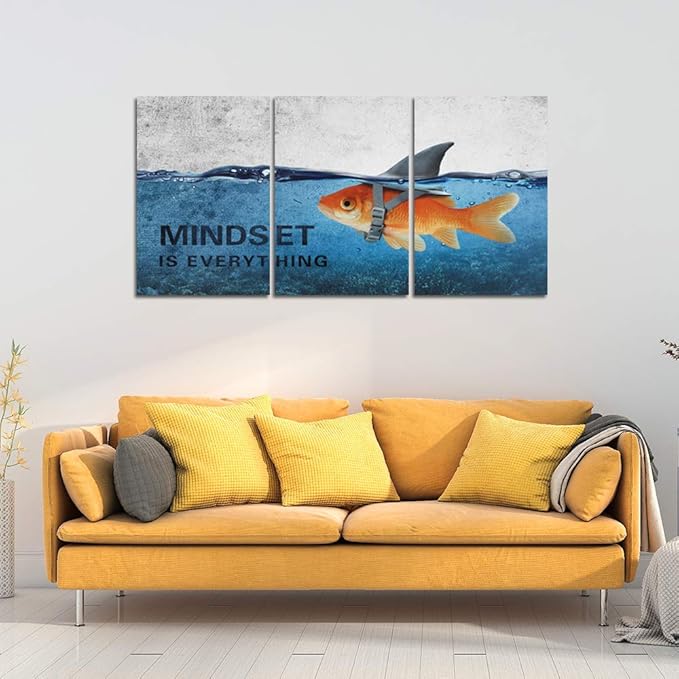 Inspirational Canvas Wall Art Blue Goldfish Pictures Posters Painting on Canvas Abstract Shark Motivational Entrepreneur Quotes Office Decor Artwork Bedroom Framed Ready to Hang - 60"W x 28"H