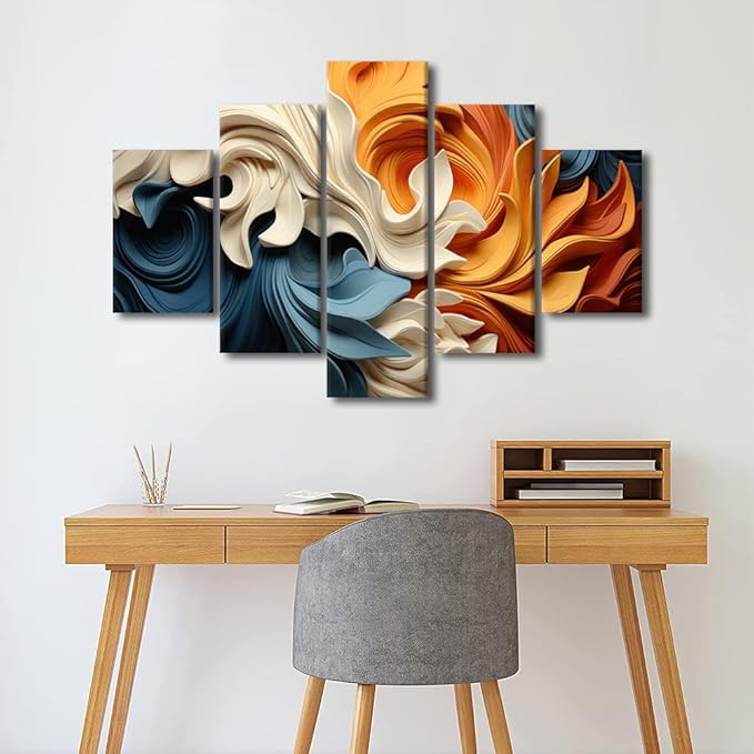 Rebotipy Abstract Canvas Wall Art Decor Modern Abstract Waves Wall Art Blue Orange Yellow Brown 5 Panel Home Wall Art for Living Room Office Wall Decor Framed Ready to Hang 60x40 in