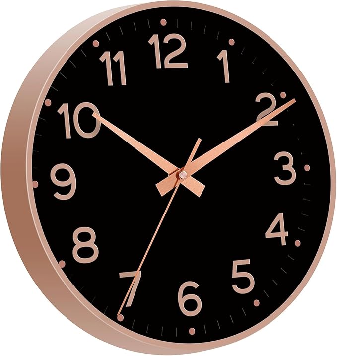 Wall Clock 12 Inch Silent Wall Clocks Battery Operated-Modern Non Ticking Analog Clock Decorative for Kitchen Bedroom Office (Black Rose Gold)