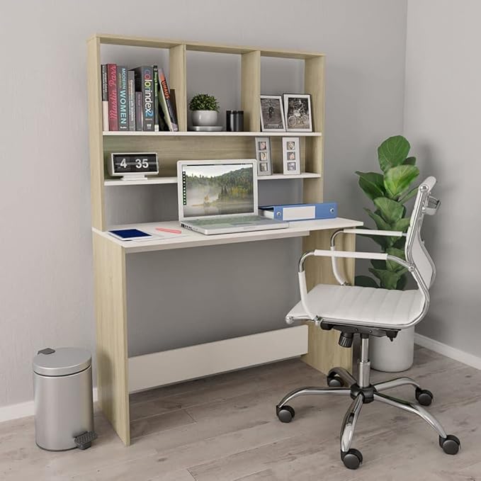 Modern Writing Computer Desk with Shelves and Upper Cabinet, Home Office Desk Writing Study Table PC Desk Workstation for Bedroom, White and Sonoma Oak 43.3"x17.7"x61.8" Engineered Wood(B)