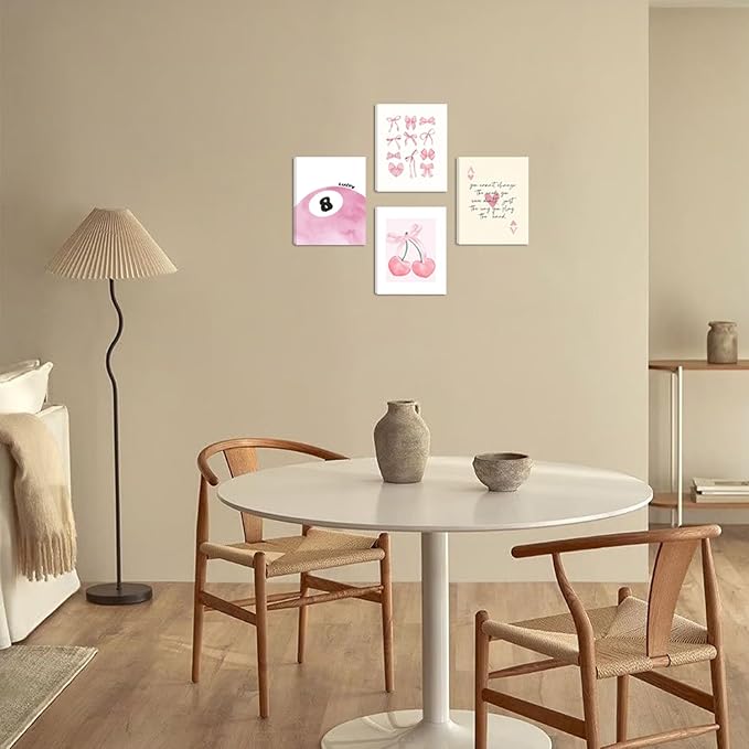 SEHSUVC Pink Coquette Y2K Lucky Wall Art Set of 4, Preppy Aesthetic Canvas Prints, Cherry Bows 8 Ball Ace Card Wall Decor for Girls Bedroom, Dorm, Vanity, for Home Decor 8x10in Framed