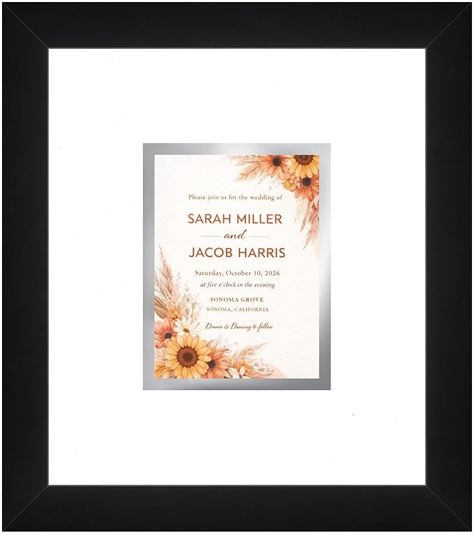 Poster Palooza Wedding Invitation Display Frame 10x11.25 in Black With White and Metallic Silver Double Mat for 4.25x5.5 A2 Keepsake - 2026 Edition | USA Made