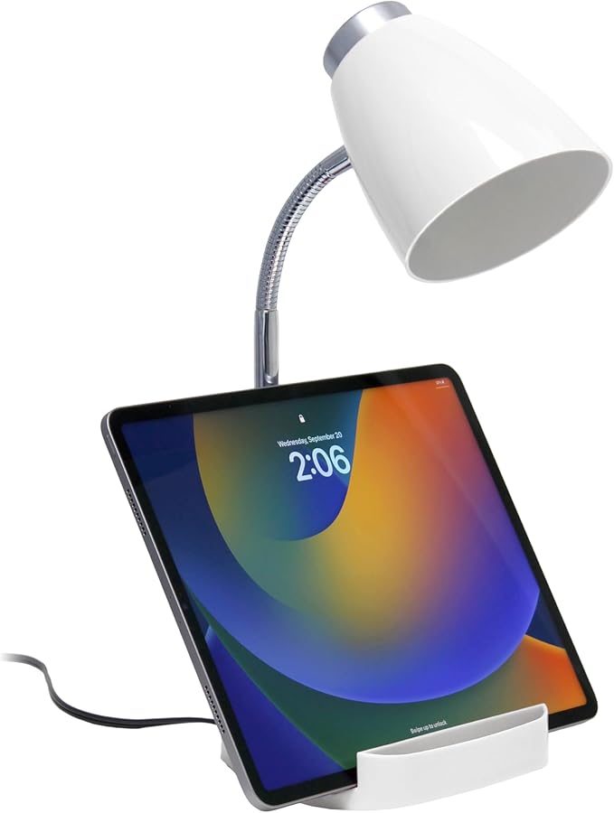 Simple Designs LD1067-WHT Compartmental Desk Lamp with iPhone/iPad/Tablet Stand, Bendable Gooseneck, for Office, Living Room, Nightstand, Library, Entryway, White