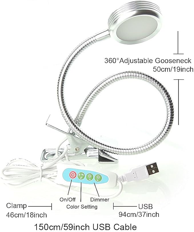 QUANS Dimmable Clip on Clamp LED Gooseneck Desk Light Lamp, Clip-on 3 Color Changeable Reading Lights, C-Clamp Nightlight, USB Port, 3 Color Temperature, Silver
