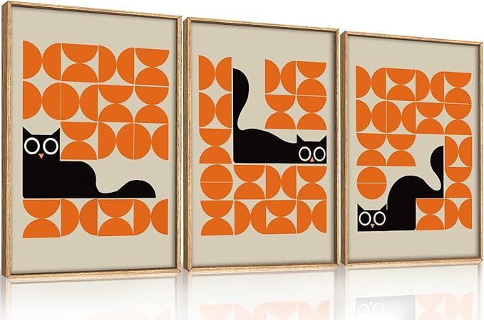 HOURIA Geometric Black Cat Framed Canvas Wall Art Set,Abstract Orange & Cream Wall Decor,Round Eyes Playful Kitten Wall Painting,Modern Animal Prints for Nursery,Living Room,Office - 16"x24"x3