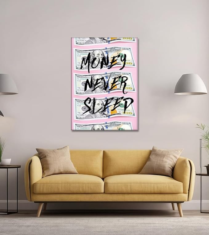 Money Wall Art - Pink 100 Dollar Bills Wall Decor Money Never Sleeps Poster Motivational Financial Quote Artwork Modern Framed Inspirational Canvas Print for Office & Home Decorations, 24"x36"
