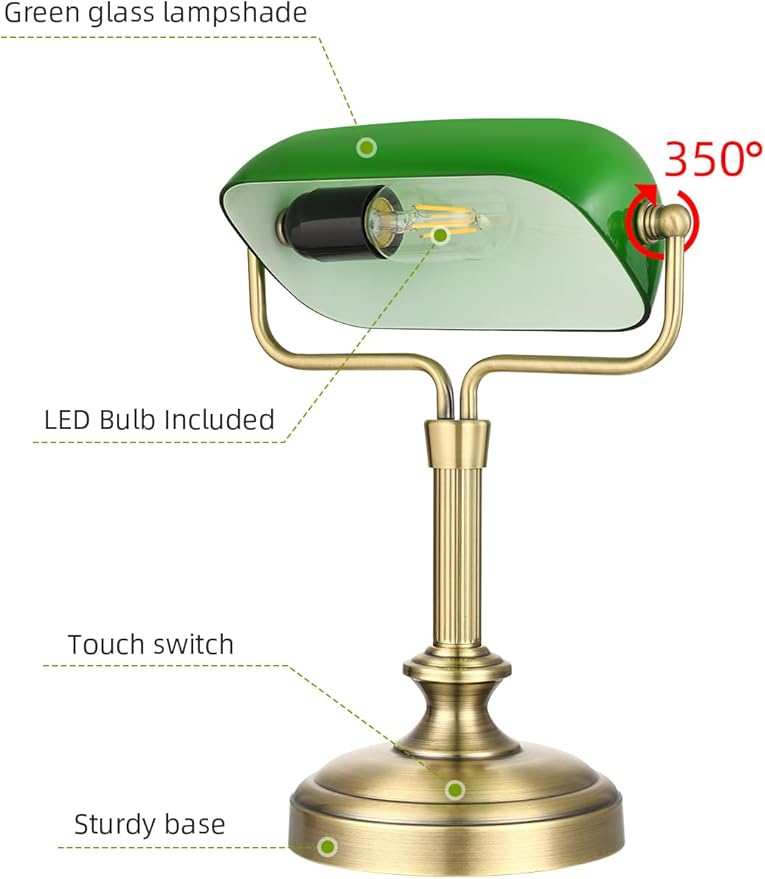 Vintage Banker Lamp, Green Glass, Touch Control, 3-Way Dimmable, LED 6W, Brass Finish (Antique Brass+Green+Touch)