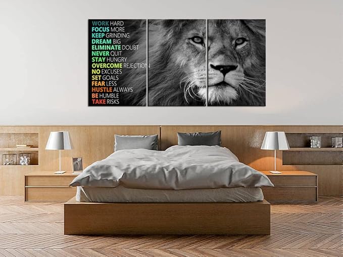 Inspirational Canvas Wall Art Lion 3 Pieces Poster Motivational Positive Wall Art Quotes Success Canvas Artwork Picture Print Framed for Home Office Living Room Gym Wall Decor [72''Wx 36''H]