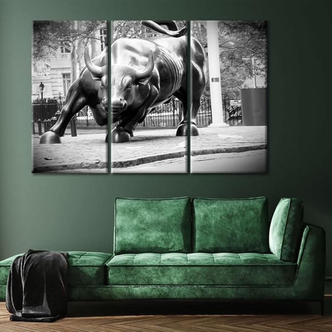 Pictures for Living Room Wall Decoration 3 Panels Black and White Bull Poster Decor for Bedroom Office Living Room Decor Gift Stretched Framed Gallery-Wrapped Ready to Hang - 42" Wx28 H