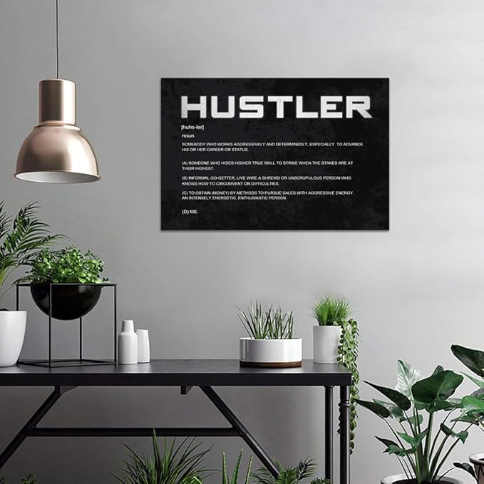 Inspirational Canvas Wall Art Motivational Painting Hustler Noun Inspiring Entrepreneur Quotes Modern Hustle Inspiration Posters Prints Decorations for Home Office Framed (12”Hx16”W)