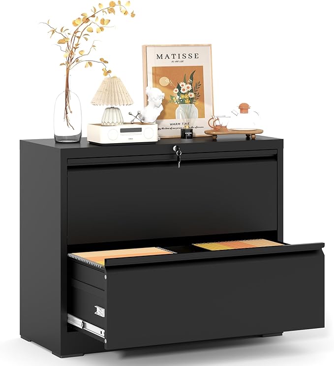 2 Drawer File Cabinet,Metal Lateral Filing Cabinet with Lock,Home Office Storage Organizer Cabinet for Legal/Letter/A4/F4 Size Files,35.5" W,Black