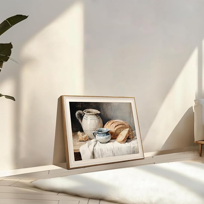 ASTRDECOR Framed Kitchen Wall Art, Modern Muted Still Life Painting Farmhouse Wall Decor, Sourdough Bread Canvas Wall Art Prints, Rustic Jars White Tablecloth Country Wall Decor Living Room-12''x16''